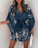 Vestido Casual De Verano Para Mujer Con Estampado Y Volante Estilo Playa Cuello En V Manga Batwing A-Line Largo Mini - details 0