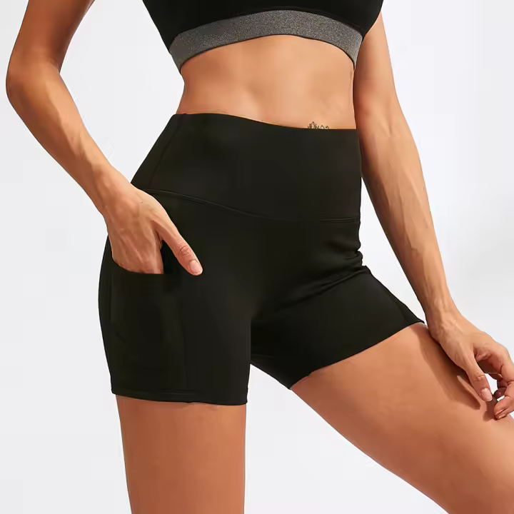 Pantalones cortos de Yoga de cintura alta para mujer, pantalones cortos ajustados de secado rápido elásticos para Fitness, pantalones cortos de longitud 3/4 con bolsillos, ropa deportiva - 1