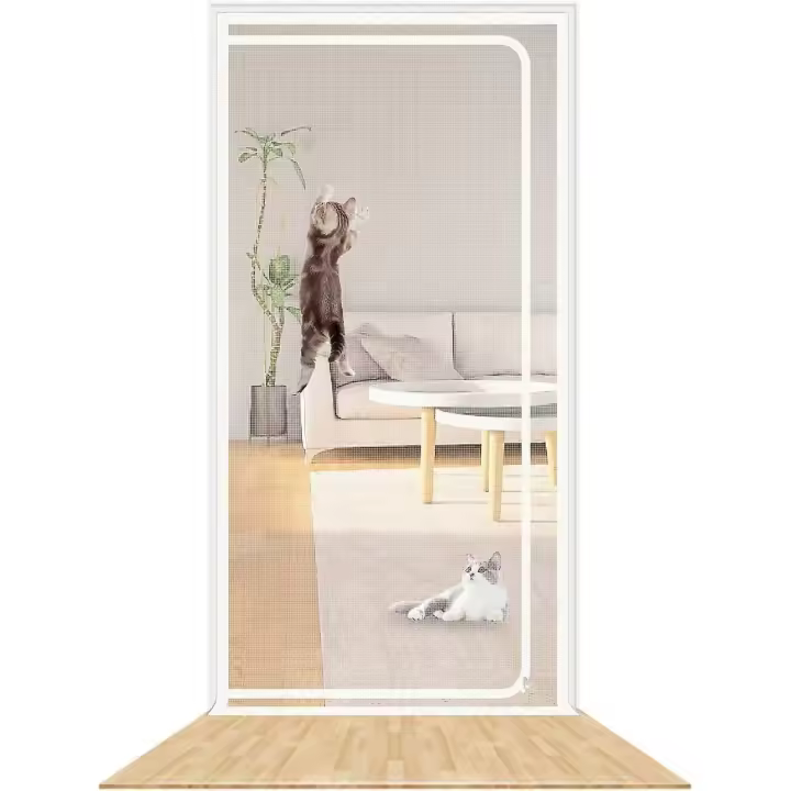 Puerta de pantalla de gato forzada, resistente a prueba de mascotas con cremallera, evita que los perros gatos se acaben de casa, Blanco (se adapta a la puerta size90x210cm) - 1