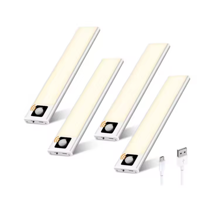 Iluminación LED para armarios, 36 LED con sensor de movimiento, 3000 K, blanco cálido, PIR, recargable, luces para armarios con batería, luz bajo mueble de cocina, inalámbrica. 20 cm. ( 4 Unidades ) - 1