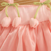 Vestido De Princesa Para Bebé Niña Verano Patrón De Tul Sólido Estilo Casual Halter Puff Faldón Corto Material Poliéster Talla True Fit - details 6