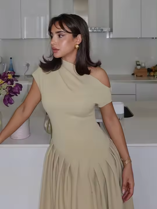 Vestido Maxi De Verano Para Mujer Elegante Y Chic Con Plegado Y Patchwork En Negro Cuello Media-Torço Con Manga Corta Cintura Alta Vestidos Para Oficina Y Calle - 1