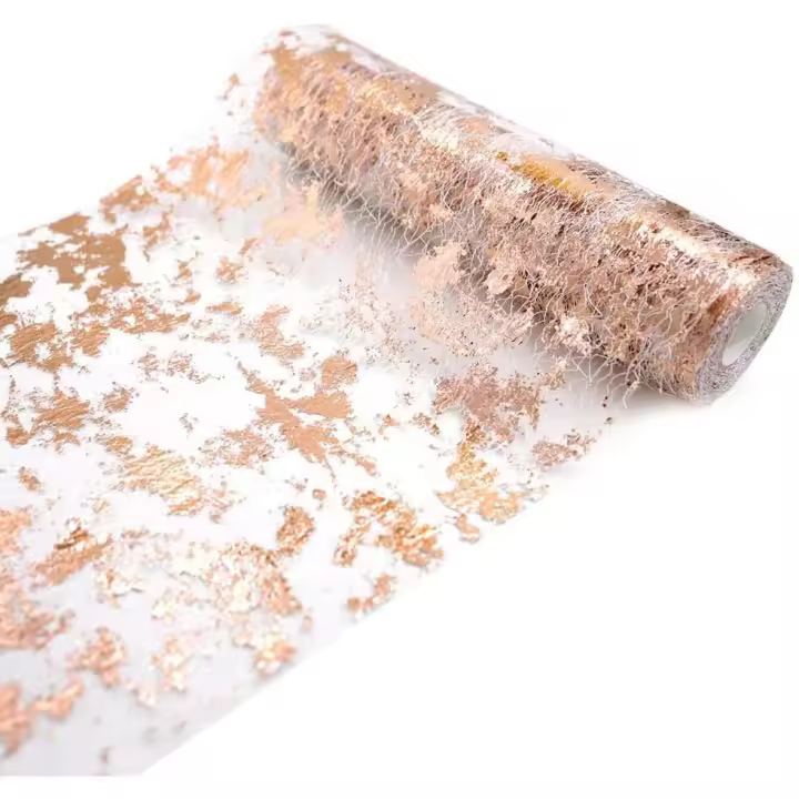 Camino de mesa metálico de oro rosa de 5 m, rollo de tul para camino de mesa de papel de aluminio metálico de 28 cm, cinta para envolver regalos florales para fiestas, bodas y Navidad - 1