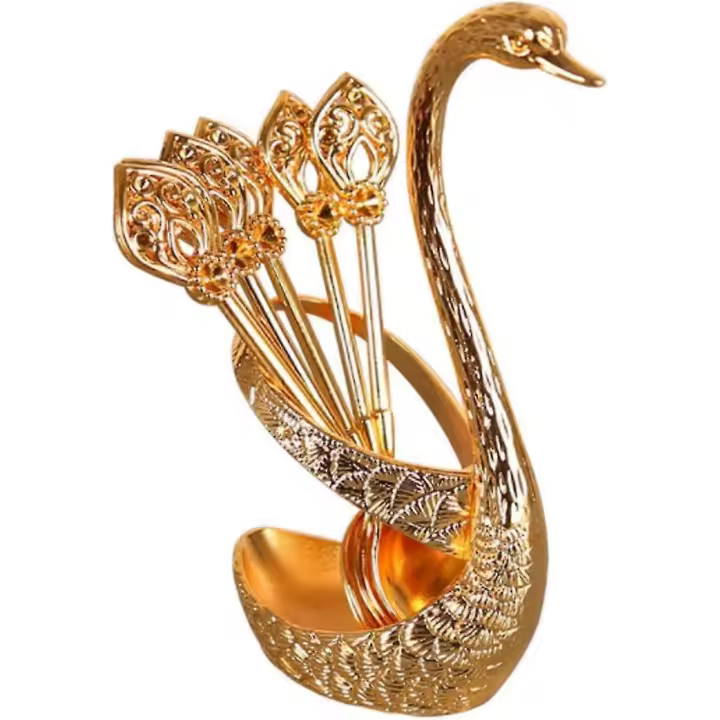 Juego de 6 cucharas de café con soporte de cisne, cucharillas de té y cucharas de postre, con forma de cisne. - 1
