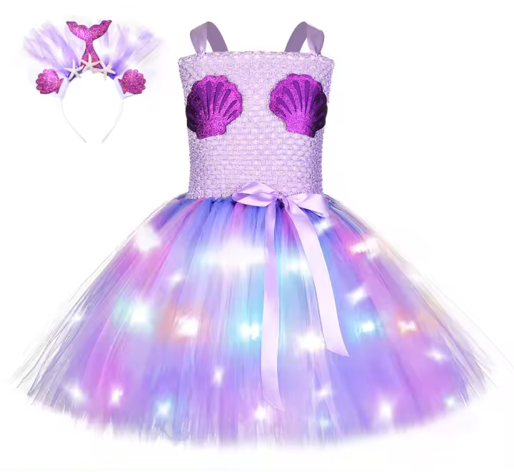 Falda de concha con luces luminosas para niños, moda europea y americana, vestido de fiesta de verano con lazo de gasa a juego de colores y diadema - 1
