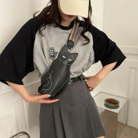 Bolso Bandolera De Cuero PU Negro Con Estampado De Gato Mujer Estilo Coreano Con Correa Ancha Bolso De Pecho Para Mujer Moda - details 0