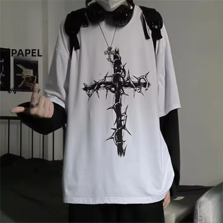 Camiseta De Hombre Con Estampado Cruzado Basic Tee Casual Manga Larga Sobredimensionada Tops Falso Dos Piezas Camisetas Moda - 1