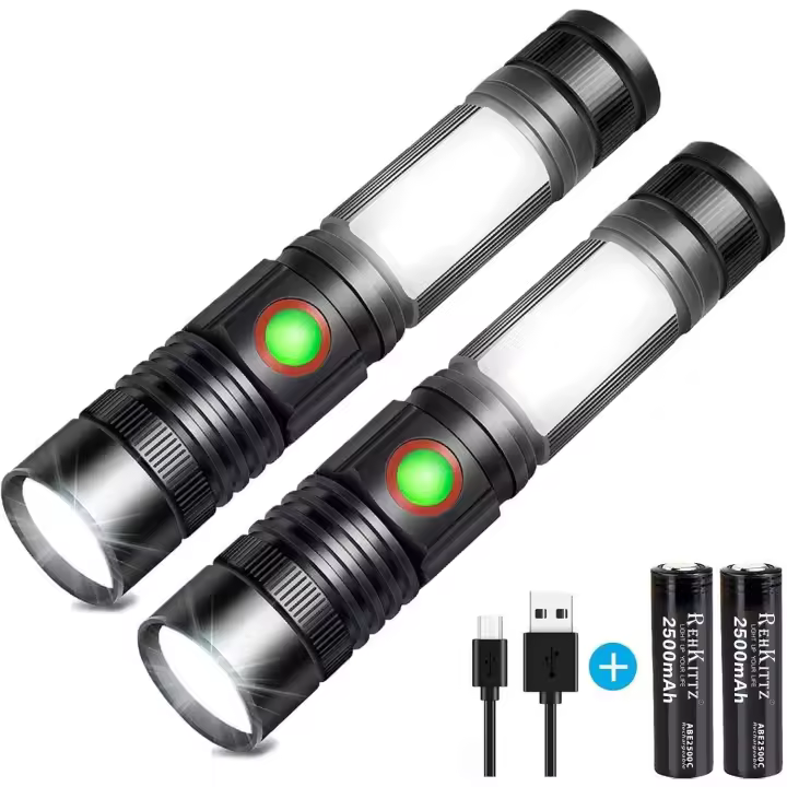 Linterna LED recargable por USB, potente lámpara militar COB, portátil, con zoom, para garaje, taller, camping, bricolaje (batería recargable 18650 incluida y base magnética) - 1