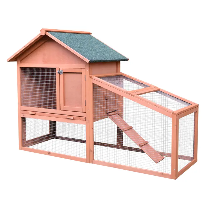 PawHut Conejera de Exterior Hecha de Madera Jaula para Conejos Dos Niveles con Techo Puerta y Ventana Bandeja Extraíble y Lavable Alta Comodidad Gran Espacio 144x64.5x100cm - 1