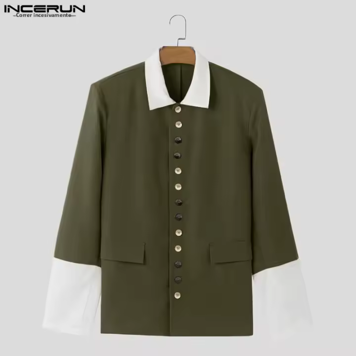 Incern Run Chaqueta De Hombre Estilo Coreano 2024 Moda Casual Con Contraste En Cuello Y Botones Multiseguros Largo Para Callejero - 1