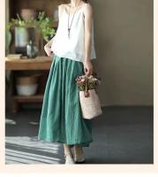 Falda A-Line De Lino Verde Casual Para Mujer Cintura Alta Elástica Longitud Media Pierna Izquierda Moda Primavera 2025 - details 5