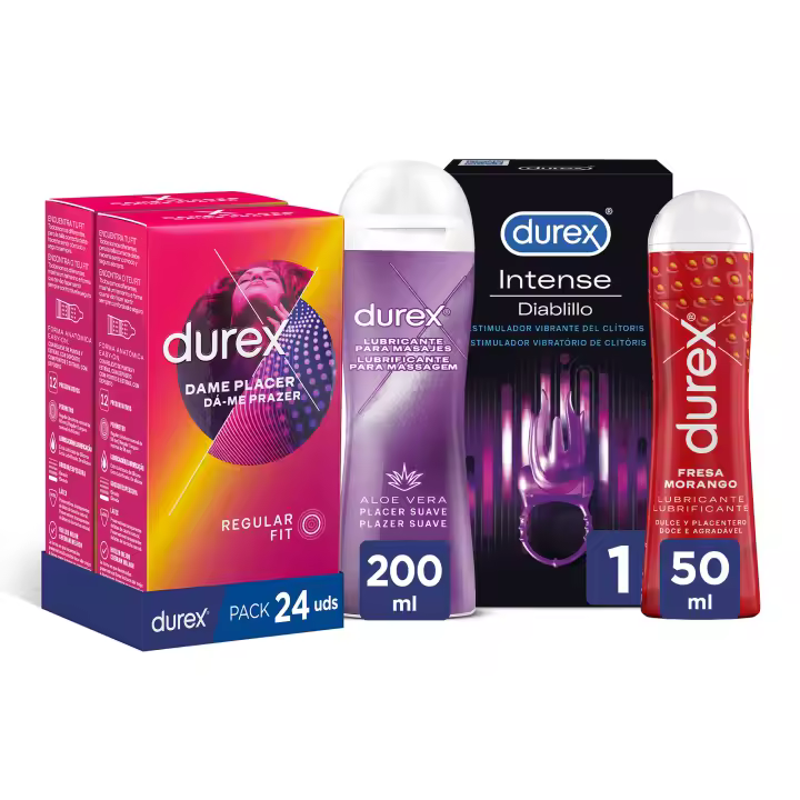 Durex - Preservativos Dame Placer para Mayor Sensación Pack 24 condones + Lubricante Sabor Fresa 50 ml + Play Massage 2 en1 Gel de Masaje Erótico y Lubricante Estimulante con Aloe Vera Suave + Anillo Vibrador Intense Orgasmic Diablillo - 1
