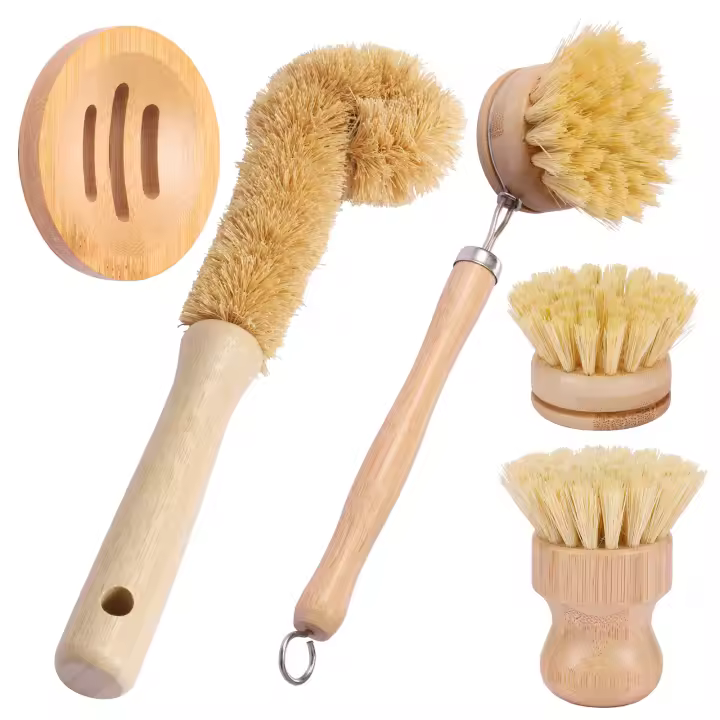 Juego De 4/5 Pcs Cepillos De Cocina De Bambú Con Mango Largo Para Limpieza De Ollas Y Platos Eco-amigable Eliminación De Oxidación Utensilios De Limpieza - 1