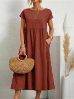 Vestido Midi Sólido Vintage Para Mujer Verano 2023 Algodón Y Lino Harajuku Sobredimensionado Estilo Y2K Maxi Sundress Manga Corta A-Line Cuello Redondo - details 7