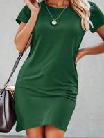 Vestido Mini Casual De Verano Para Mujer Verde Sólido Cuello Redondo Manga Corta Ajustado Estilo A-Line Nuevo 2024 - details 1