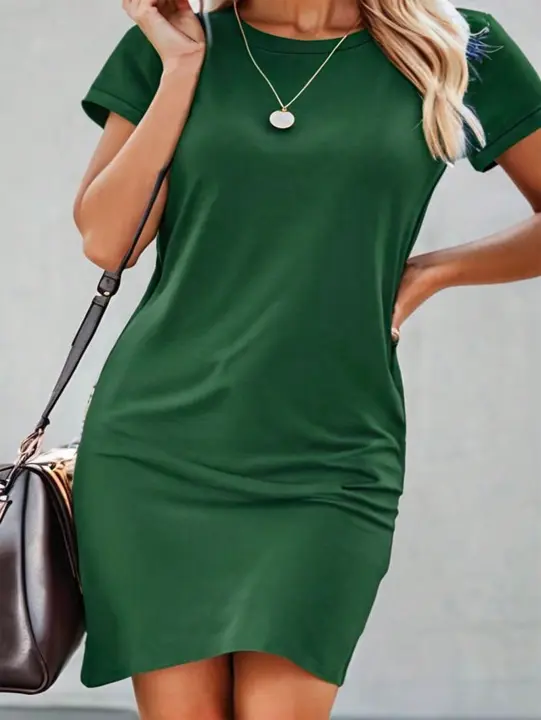 Vestido Mini Casual De Verano Para Mujer Verde Sólido Cuello Redondo Manga Corta Ajustado Estilo A-Line Nuevo 2024 - 1