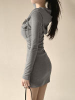 Vestido Mini Casual Solido Con Bolsillos Y Capucha Slim Para Mujer IAMSURE Manga Larga Otoño Invierno Moda Callejera - details 3