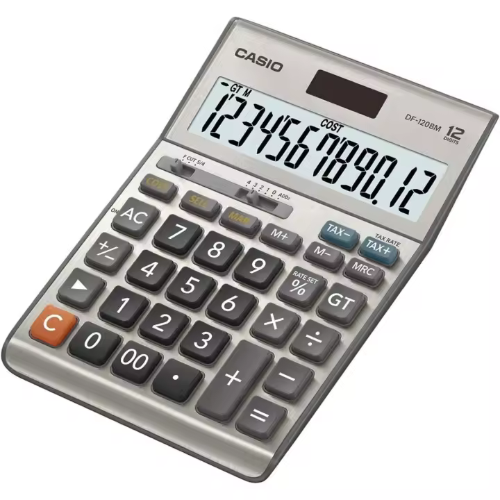 Casio DF-120BM - Calculadora de Sobremesa Medidas 179.5 × 126.5 × 32.6 mm Alimentación Solar y Pilas Cálculo de Impuestos Coste, Venta y Margen Pantalla LCD Extra Grande de 12 Dígitos Placa Frontal Metálica Color Gris - 1