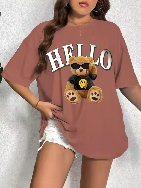 Camiseta De Verano Para Mujeres Casual Con Hombros Caídos Y Mangas Cortas Estampado De Letras Y Oso Suelto Y Versátil Moda 2024 - 1