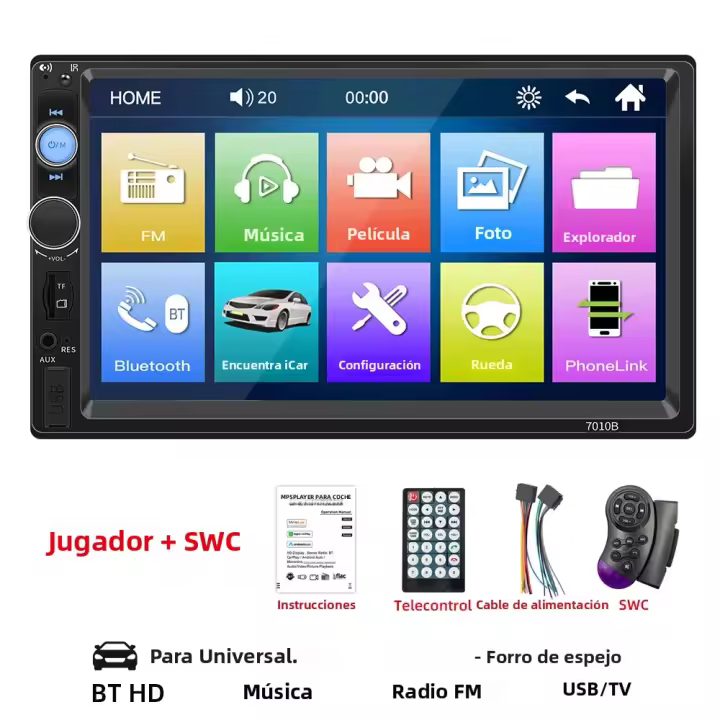 Reproductor Multimedia BT MP5 Para Coche HIPPBQCC 7 Pulgadas Pantalla Táctil HD 2 Din Con Cámara Trasera Y Enlace Espejo FM Aux Universal - 1