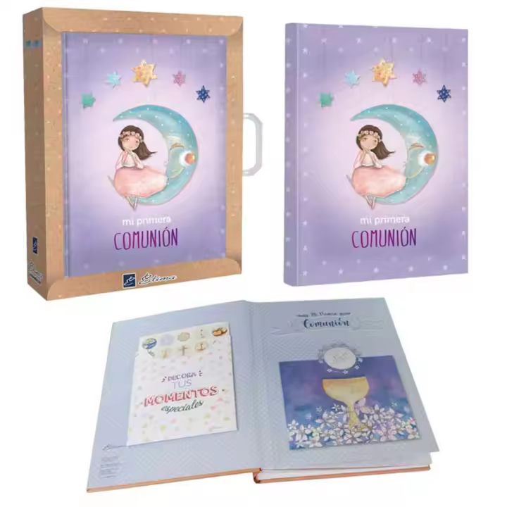 Libro de firmas, recuerdo de la Primera Comunión niña.  Con estuche y maletín a juego. Dispone de 60 páginas a todo color, para firmas, fotos, recordatorios, invitados, con oraciones. Un regalo imprescindible en la Primera Comunión. Fabricado en España. - 1