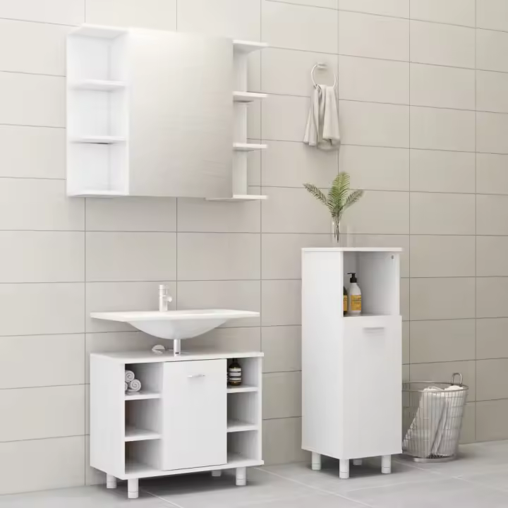 vidaXL Juego de muebles de baño 3 pzas madera de ingeniería en color Blanco/Negro/Marrón roble y más | almacenamiento funcional diseño moderno para baño dormitorio sala - 1