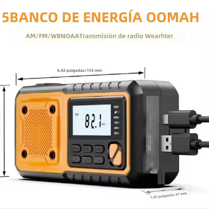 Radio Portátil Con Cargador De Solar Y Manivela 5000mAh Emergencia AM/FM SW Multi BAND Con Linterna LED Y Power Bank - 1