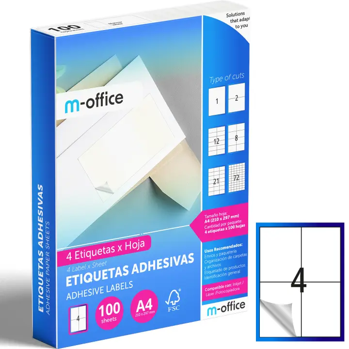 M-office Etiquetas Adhesivas A4 compatible con Label Printer, Pegatinas Blancas Adhesivas para Uso Diario, Papel Adhesivo para Imprimir, Pegatinas para Escribir (4 por hoja, 100h) - 1