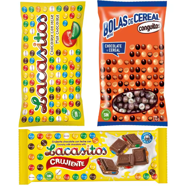 Pack Lacasitos bolsa 1kg,Conguitos mini bolas cereal mix 1kg,Lacasitos tableta crujiente 90g - 1