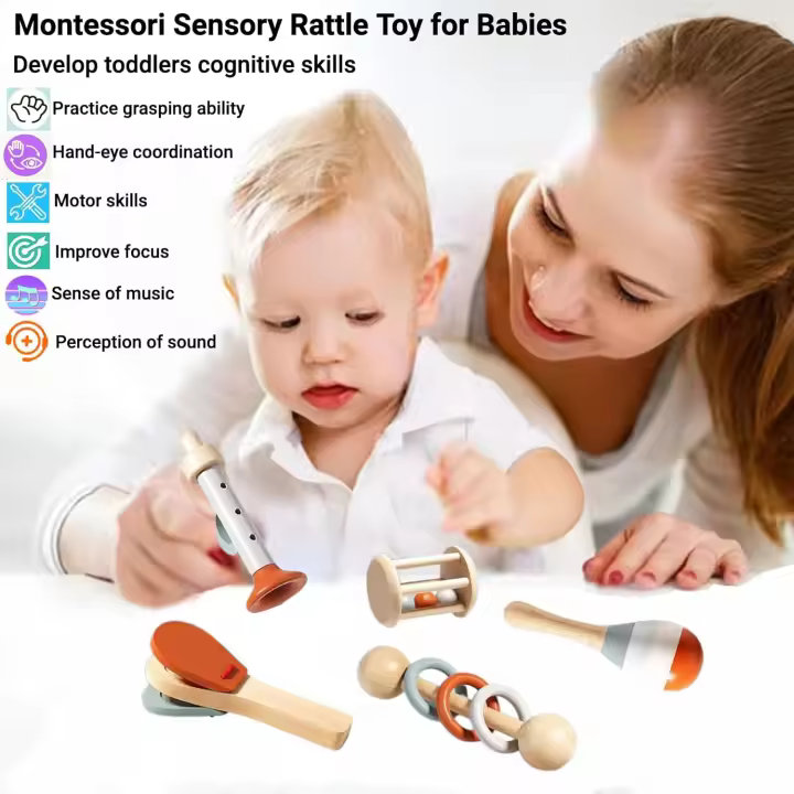 5 piezas Montessori de Juguetes with Sonido para niños Pequeños con maracas, Campana de mano, sonajero de Tambor, Trompeta, castañuela, instrument musical - 1