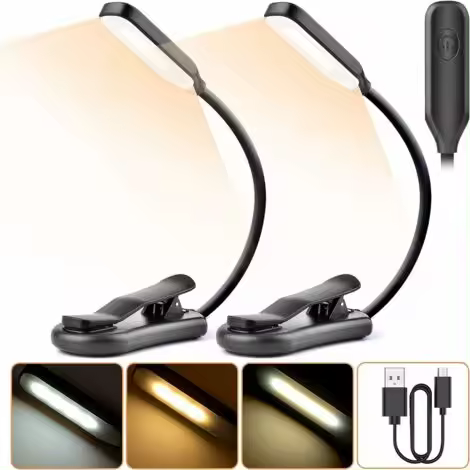 luces de lectura, 7 luces de lectura LED (blanco frío y amarillo cálido), 3 modos de brillo, cuello de lámpara flexible de 360° - 1