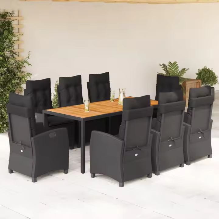 vidaXL Set de comedor de jardín 9 pzas y cojines ratán sintético negro - 1