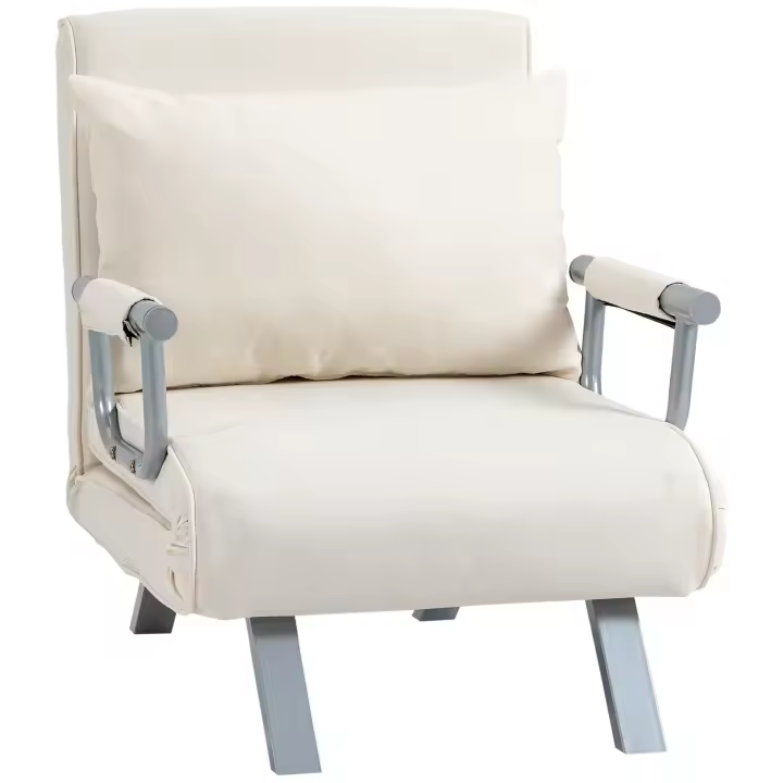 HOMCOM Sofá Cama de 1 Plaza 2 en 1, Sillón Cama Plegable Tapizado en Ante Sintético, con Respaldo Ajustable en 5 Niveles y Almohada Acolchada, para Oficina, Dormitorio, Salón, 65x69x80 cm, Crema - 1