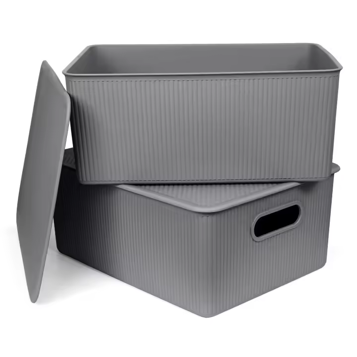 TATAY Baobab - Set de 2 Cajas Organizadoras 15L con Tapa en Plástico PP05. Gris Antracita - 1