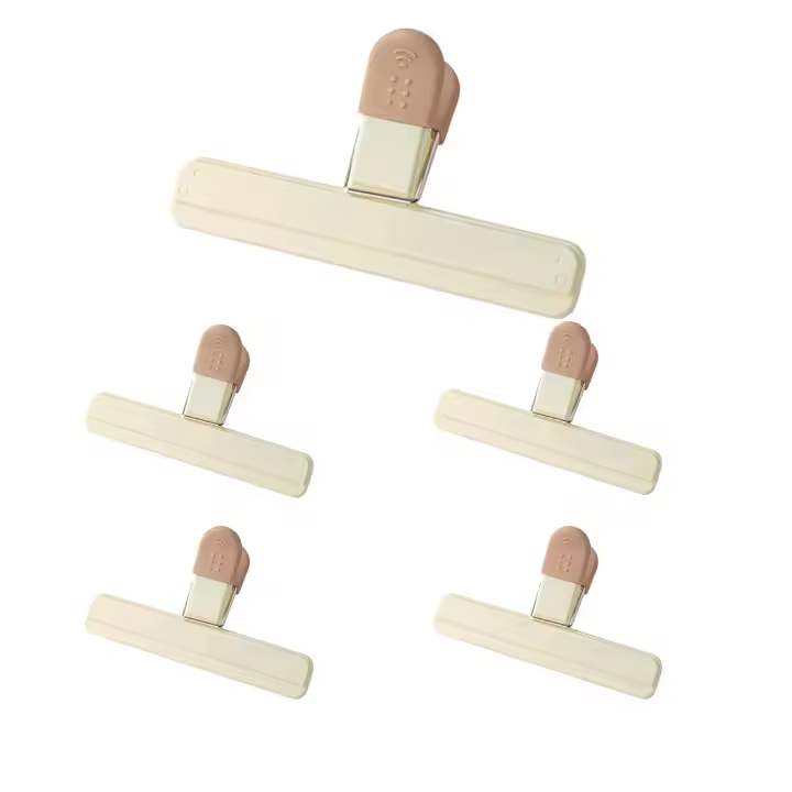 Clips de plástico para bolsas de chips, juego de 5, duraderos, herméticos, reutilizables, clips de sellado de alimentos, disponibles en varios colores, para el hogar, la cocina y los viajes (beige) - 1