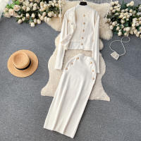 Conjunto De Ropa De Mujer REALEFT Otoño Invierno 3 Piezas Traje De Tejido Knitted Cardigan De Botón Sencillo Y Tops Falda Elegante Para Oficina - details 30