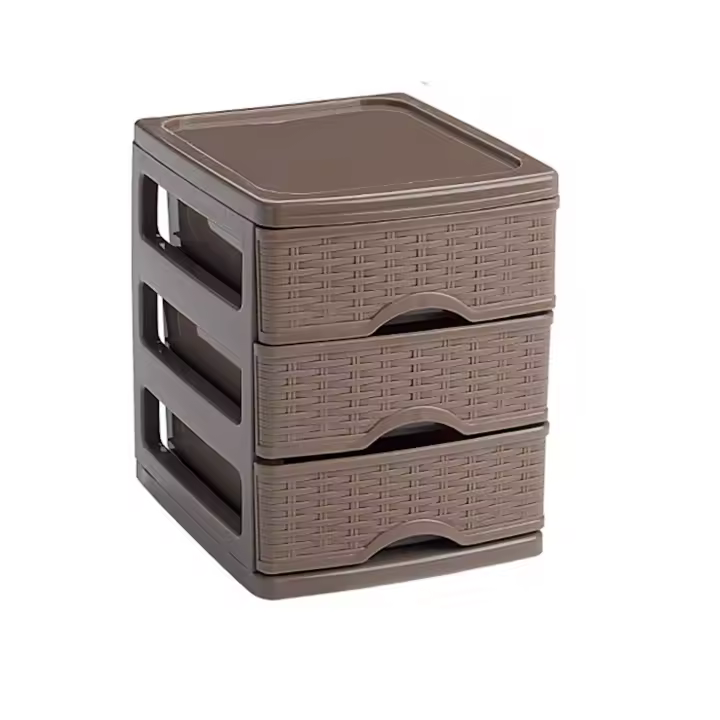 Tradineur - Cajonera "turia" imitación mimbre 3 cajones de color topo de 17 x 13,5 x 17 cm, Cajonera plástico 3 cajones para mesa multiusos para almacenamiento y organización ideal para oficina - 1