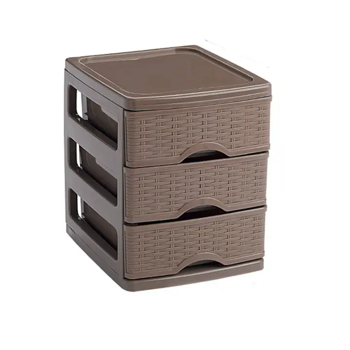 Tradineur - Cajonera "turia" imitación mimbre 3 cajones de color topo de 17 x 13,5 x 17 cm, Cajonera plástico 3 cajones para mesa multiusos para almacenamiento y organización ideal para oficina - 1