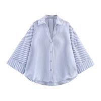 Camisa Asimétrica de Verano para Mujer – Estampado a Rayas, Mezcla de Lino, Mangas Anchas Rizadas, Cuello Versátil, Estilo Informal y Fresco - details 4