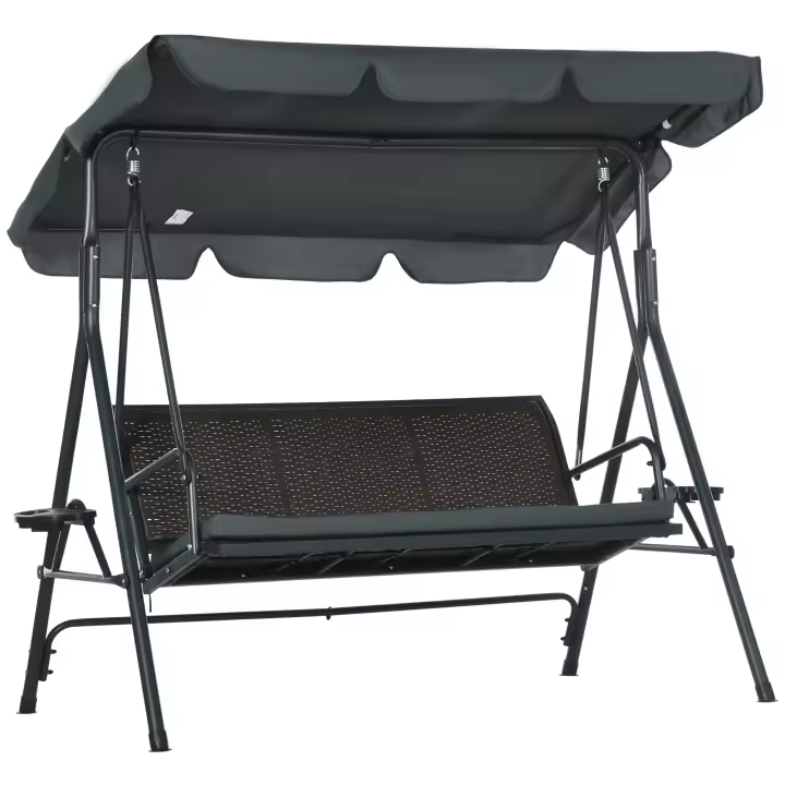 Outsunny Columpio de Jardín de 3 Plazas Banco Balancín para Exterior con Toldo Ajustable Asiento de Ratán 2 Portavasos 2 Bandejas y Marco de Acero para Terraza Patio 204x112x150 cm Gris - 1
