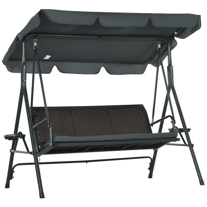 Outsunny Columpio de Jardín de 3 Plazas Banco Balancín para Exterior con Toldo Ajustable Asiento de Ratán 2 Portavasos 2 Bandejas y Marco de Acero para Terraza Patio 204x112x150 cm Gris - 1