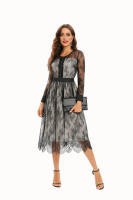 Vestido Largo De Mujer Negro Con Manga Completa Estilo O-Neck Lace A-Line Vestido Casual De Verano Para Mujer - details 3