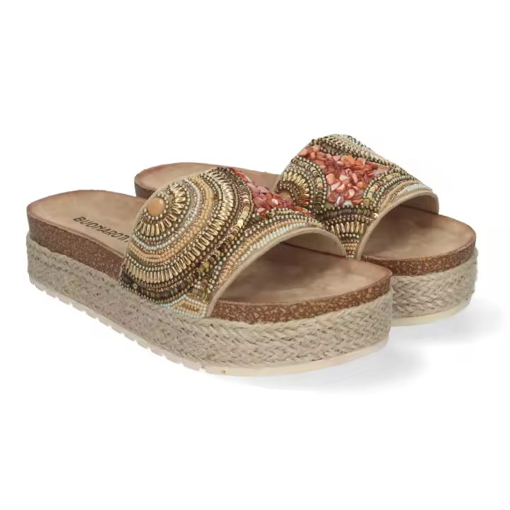 Davinia Shoes Sandalia Plana de Mujer, Comoda y Elegante, Diseño Moderno, Estilo Bio, Forrada de Yute y con Piedras de Strass en la Pala. Shoes&Blues.es AY-3072-Oro - 1