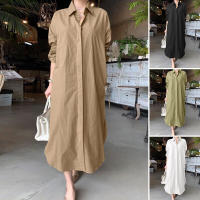 Vestido De Mujer Verano 2024 Estilo Casual Color Sólido Cuello Volteado Botones Solas Talla Grande Longitud Pierna Completa Polyester - details 1
