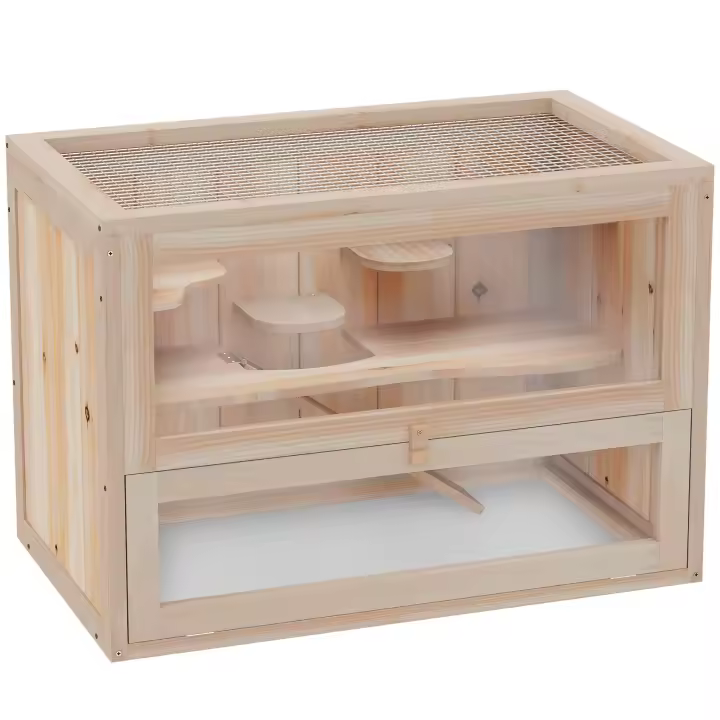 PawHut Jaula Madera para Hámster Ratoncillos Roedores Casa para Animales Pequeños 2 Niveles 60x35x42cm - 1