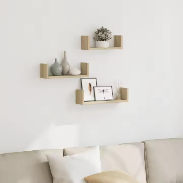 Estante de pared 3 unidades madera de ingeniería en color Roble Sonoma/Blanco/Negro y más | práctico organizador multiusos diseño compacto funcional - 1