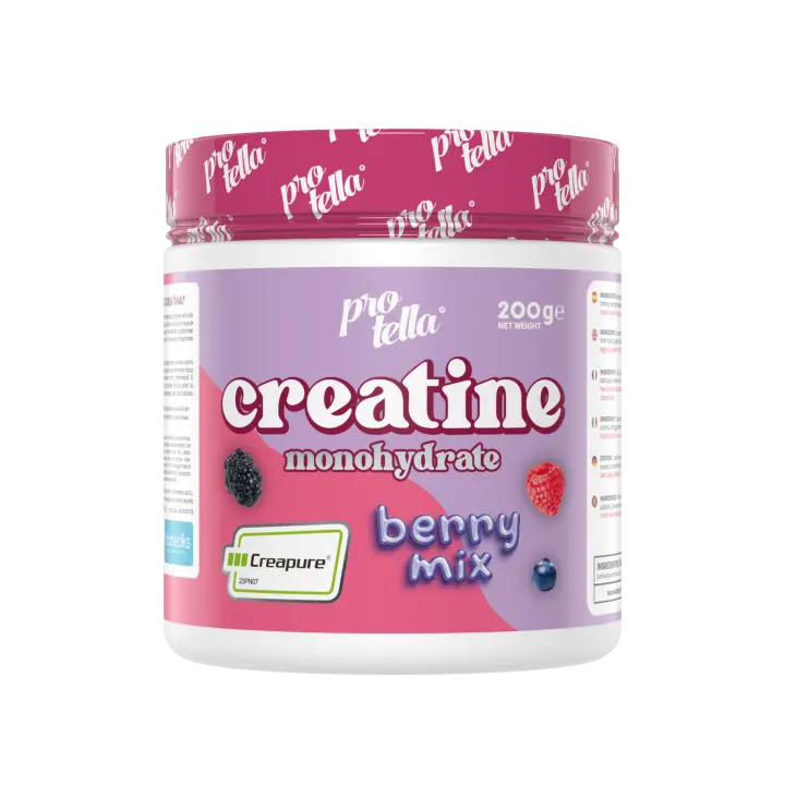 Creatina Creapure® 200g  Máxima Pureza  Mejora la Fuerza y Resistencia  Recuperación Muscular  Mejora cognitiva   Reducción de fatiga  Apoyo en condiciones neurológicas Sin Aditivos  Sin  Lactosa  Apta para Veganos  Sabor Berry Mix  Protella - 1