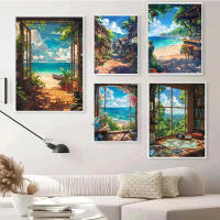 Pintura En Lienzo De Paisaje Veraniego Anime Para Bar Decoración De Pared Azul De Cabina Playa Bosque Estilo Moderno Para Sala - details 2