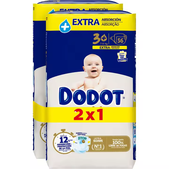 Pañales DODOT Sensitive talla 3+ de 7 a 11 kg - Pack 2x1 - 112 unidades (56x2) - 1