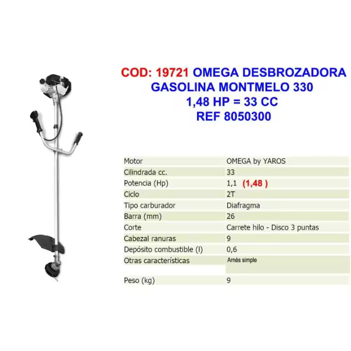 Omega desbrozadora gasolina montmelo 330 1,48 hp 33 cc 8050300 - 1